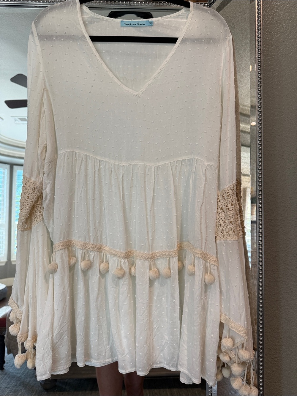 Ivory Pom-Pom Peasant Coverup - V-Neck Boho
